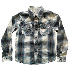 Sovereign Code Boys Long Sleeved, Snap Front, Blue & Black Plaid Shirt- Size M